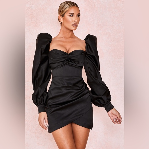 CB House Cherie Black Satin Puff Sleeve Dress (size L) - Picture 1 of 14